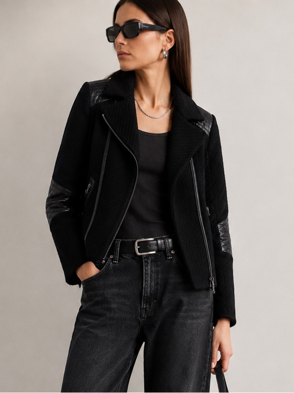Vince Black Wool and Leather Motorcycle Jacket Moto Jacket Sz S